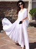 Robe Longue en Mousseline Femme à Col V avec Manches Longues Volante Coupe Cintrée Elastique Bas Evasée Unicolore Eté Sexy