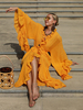 Robe Longue en Mousseline Femme à Col V avec Manches Longues Volantes Coupe Cintrée avec Fente avec Volants Unicolore Robe Maxi