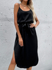 Robe Longue en Mousseline Femme avec Bretelles à Col Rond Coupe Cintrée à Lacets avec Fente Unicolore
