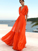Robe Longue en Mousseline Femme avec Manches Courtes à Col V Coupe Cintrée Bas Evasée Unicolore Robe Maxi