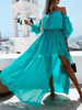 Robe Longue en Mousseline Femme avec Manches Courtes Amples avec Epaule Dénudée Coupe Cintrée avec Fente Unicolore