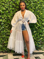 Robe Longue en Mousseline Femme avec Manches Longues Amples à Col Revers Coupe Cintrée Bas Evasée Unicolore Robe Blanche