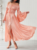 Robe Longue en Mousseline Femme avec Manches Longues Volantes avec Epaule Dénudée Coupe Cintrée Bas Evasée avec Fente Unicolore Robe Maxi