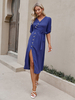 Robe Longue en Mousseline Femme Fluide à Col V avec Manches Courtes Coupe Cintrée avec Boutons avec Fente Unicolore Robe Longue Femme