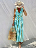 Robe Longue en Mousseline Femme Imprimé avec Bretelles à Col V Coupe Cintrée Bas Evasée Elastique Bicolores Robe Maxi