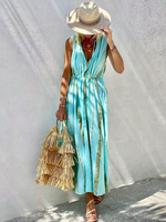 Robe Longue en Mousseline Femme Imprimé avec Bretelles à Col V Coupe Cintrée Bas Evasée Elastique Bicolores Robe Maxi