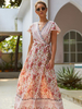 Robe Longue en Mousseline Imprimé Florale à Col V avec Manches Courtes Coupe Cintrée à Lacets Bas Evasée avec Fente Multicolores Robe Longue Sexy