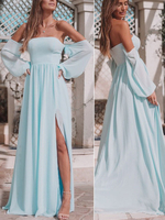 Robe Longue en Mousselines Eté Femme avec Manches Longues avec Epaule Dénudées Coupe Cintrée avec Fente Unicolore Robe Sexy