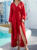 Robe Longue en Mousselines Femme à Col V avec Manches Longues Amples Coupe Cintrée Elastique avec Fente Bas Evasée Unicolore Robe Maxi