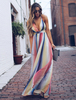 Robe Longue en Mousselines Imprimés Rayures Eté Sexy avec Bretelles à Col Décolleté en V Coupe Cintrée Bas Evasée Multicolores Robe Eté Sexy