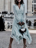 Robe Longue en Satin Femme à Col Revers avec Manches Longues Coupe Cintrée avec Fente Unicolore Robe de Plage