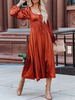 Robe Longue en Satin Femme à Col Rond avec Manches Longues Amples Coupe Cintrée Bas Evasée Unicolore