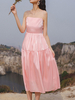 Robe Longue en Satin Femme avec Bretelles à Col Carré Coupe Cintrée Bas Evasée en Plis Unicolore Robe de Patineuse