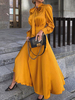 Robe Longue en Satin Fluide Femme avec Manches Lonuges à Col Montant à Noeud Coupe Cintrée Bas Evasée Unicolore Robe Longue
