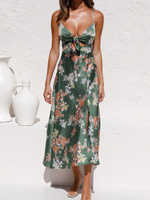 Robe Longue en Satin Imprimés Fleuries Femme avec Bretelle à Col Décolleté en V Coupe Cintrée avec Fente Multicolores Robe de Soirée Sexy