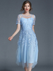 Robe longue en tulle imprimé feuilles multicouche brodé col rond