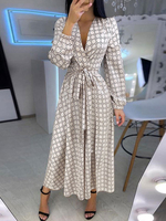 Robe Longue Epaulé en Mousselines Imprimés Femme Eté Sexy à Col Décolleté en V avec Manches Longues Amples Coupe Cintrée à Lacets Bas Evasée Bicolores Robe Eté Sexy