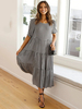 Robe Longue Eté Femme Imprimé avec Manches Courtes Bas Evasée Bicolores Robe Droite Robe Maxi