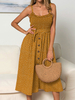 Robe Longue Eté Imprimés Femme avec Bretelles à Col Décolleté Coupe Cintrée à Lacets Bas Evasée Bicolores avec Boutons Robe Eté Sexy