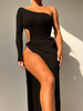 Robe Longue Femme à Col Décolleté avec Manche Longue Coupe Cintrée avec Fente Unicolore