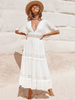 Robe Longue Femme à Col Décolleté en V avec Manches Courtes Volantes Coupe Cintrée Bas Evasée Unicolore