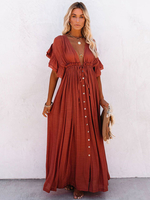 Robe Longue Femme à Col Décolleté en V avec Manches Courtes Volantes Coupe Cintrée Elastique avec Boutons Robe de Plage Robe Maxi