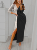 Robe Longue Femme à Col Décolleté en V avec Manches Longues Coupe Cintrée avec Fente Bicolores