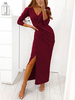 Robe Longue Femme à Col Décolleté en V avec Manches Longues Coupe Cintrée avec Fente Unicolore Robe Femme