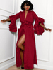 Robe Longue Femme à Col Décolleté en V avec Manches Longues Volantes Coupe Cintrée avec Fente Robe Maxi Sexy