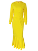 Robe Longue Femme à Col Rond à Capuche avec Manches Longues Coupe Cintrée Elastique Bas Evasée Unicolore Robe Longue
