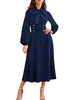 Robe Longue Femme à Col Rond à Lacets avec Manches Longues Amples Coupe Cintrée Bas Evasée Unicolore