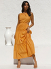 Robe Longue Femme à Col Rond avec Bretelles Coupe Cintrée Bas Evasée Unicolore