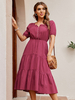 Robe Longue Femme à Col V à Lacets avec Manches Courtes Amples Coupe Cintrée Bas Evasée Unicolore