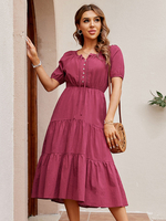 Robe Longue Femme à Col V à Lacets avec Manches Courtes Amples Coupe Cintrée Bas Evasée Unicolore