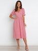 Robe Longue Femme à Col V avec Manches Courtes Amples Coupe Cintrée Bas Evasée Unicolore