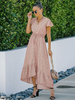 Robe Longue Femme à Col V avec Manches Courtes Coupe Cintrée Bas Evasée