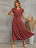 Robe Longue Femme à Col V avec Manches Courtes Coupe Cintrée Bas Evasée Unicolore