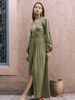 Robe Longue Femme à Col V avec Manches Longues Amples Coupe Cintrée avec Fente Unicolore