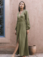 Robe Longue Femme à Col V avec Manches Longues Amples Coupe Cintrée avec Fente Unicolore