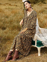 Robe Longue Femme à Col V avec Manches Longues Amples Imprimés Les Fleurs Décontracté Robe Longue