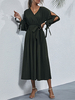 Robe Longue Femme à Col V avec Manches Longues Coupe Cintrée à Lacets Bas Evasée Unicolore