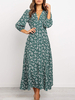 Robe Longue Femme à Col V avec Manches Longues Imprimé avec Les Fleurs Fente sur Le Devant Coupe Cintrée Robe Longue Femme