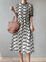 Robe longue femme à pois en polyester à col bijou et manches courtes robe dété mi-longue