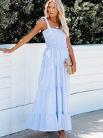 Robe Longue Femme avec Bretelles à Col Carré Coupe Cintrée Bas Evasée Unicolore Robe Eté