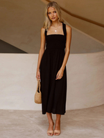 Robe Longue Femme avec Bretelles à Col Carré Coupe Cintrée Uncolore