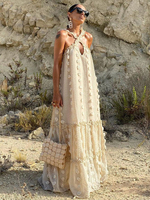 Robe Longue Femme avec Bretelles à Col Décolleté Bas Evasée Unicolore Robe Maxi