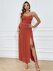 Robe Longue Femme avec Bretelles à Col Décolleté Coupe Cintrée avec Fente Unicolore