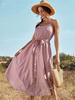 Robe Longue Femme avec Bretelles à Col Rond Coupe Cintrée à Lacets Bas Evasée Unicolore Robe Maxi