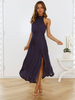 Robe Longue Femme avec Bretelles à Col Rond Coupe Cintrée avec Fente Unicolore