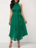 Robe Longue Femme avec Bretelles à Col Rond Coupe Cintrée Bas Evasée Unicolore